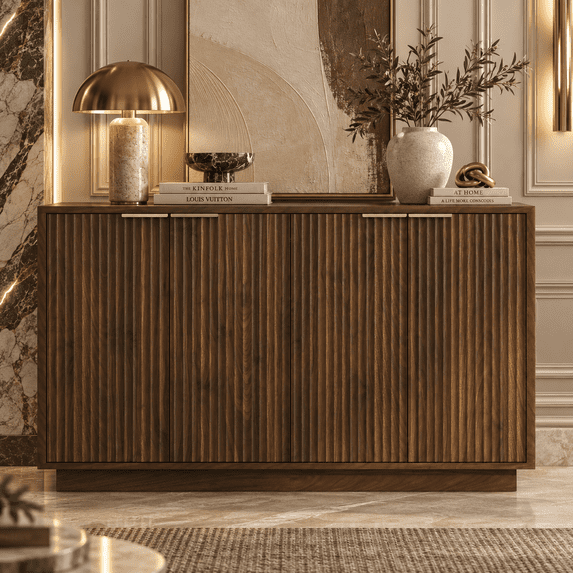 PORKISS 55.1" Fluted Sideboard, Modern Wood Buffet Cabinet with Storage, Accent Cabinet with Adjustable Shelves for Dining Room, Living Room & Entryway, Walnut