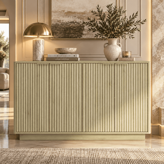 PORKISS 55.1" Fluted Sideboard, Modern Wood Buffet Cabinet with Storage, Accent Cabinet with Adjustable Shelves for Dining Room, Living Room & Entryway, Wood