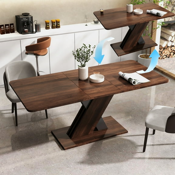 PORKISS 55.12" - 70.87" Extendable Dining Table for 6-8 People, Modern Rustic Kitchen Expanding Table for Kitchens, Dining, Office Areas, Walnut
