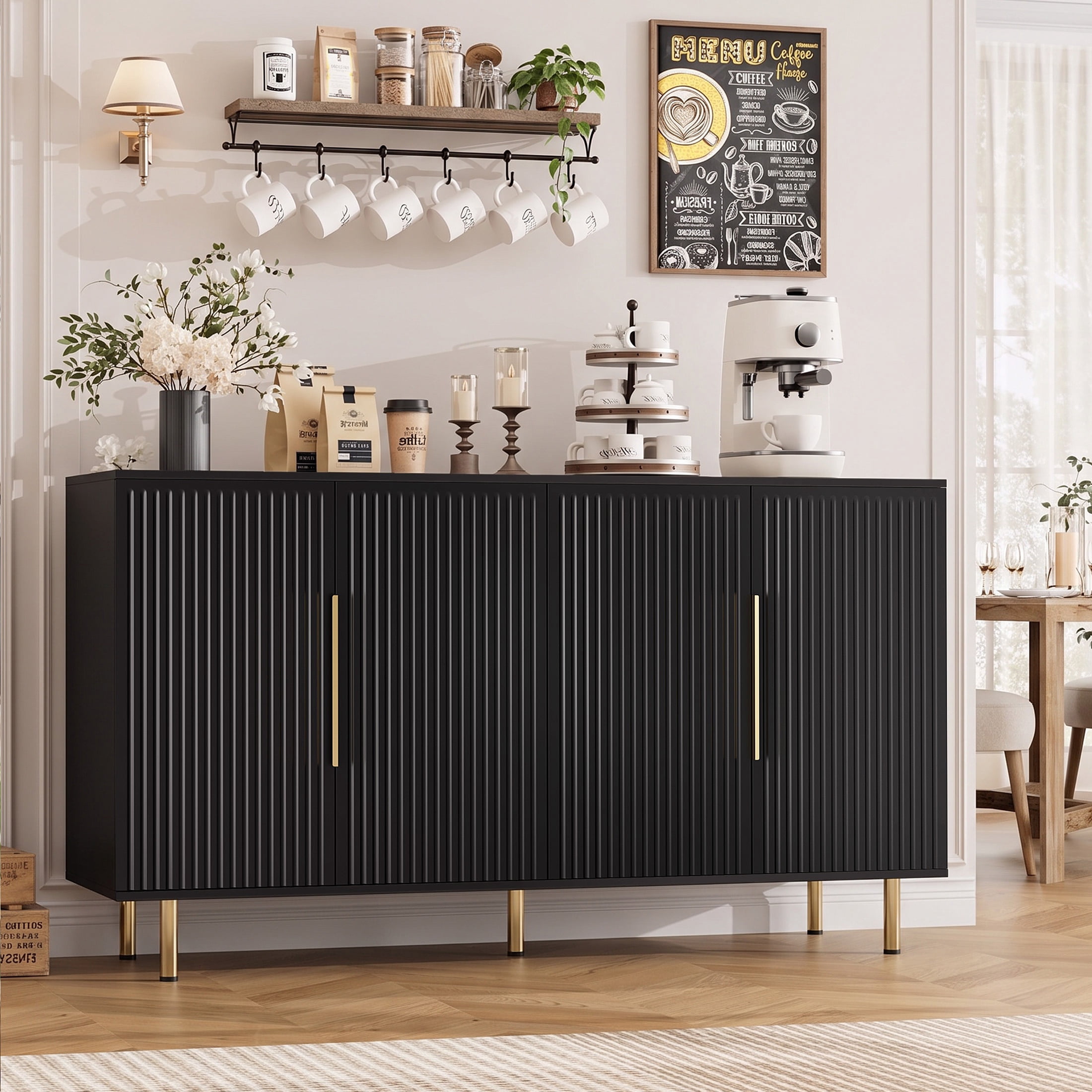 PORKISS Sideboard Buffet Cabinet with Storage, Fluted Credenza Cabinet with Gold Handles, Modern Console Table with Adjustable Shelves for Living Room, Dining Room, Black