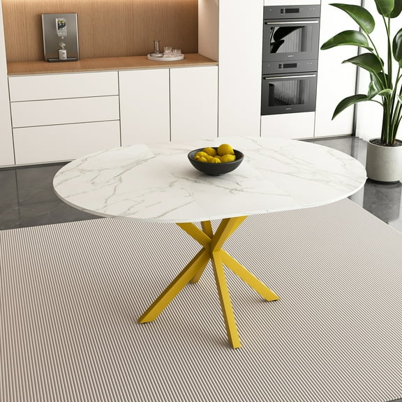 PORKISS 59" Extendable Round Dining Table for 6, Modern Kitchen Table with Carbon Steel Base, Dining Room Table with Thickened Marble-veined Tabletop, Perfect for Small Space, White+Gold