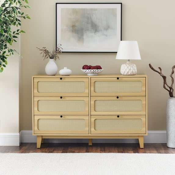 PORKISS 6 Drawer Dresser, Wooden Storage Dresser with Drawers for Bedroom, Living Room, Hallway, Natural Wood