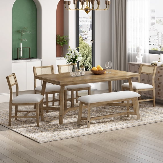 PORKISS 6-Piece Dining Room Set, Farmhouse Dining Table Set with Bench and 4 Upholstered Chairs, Natural