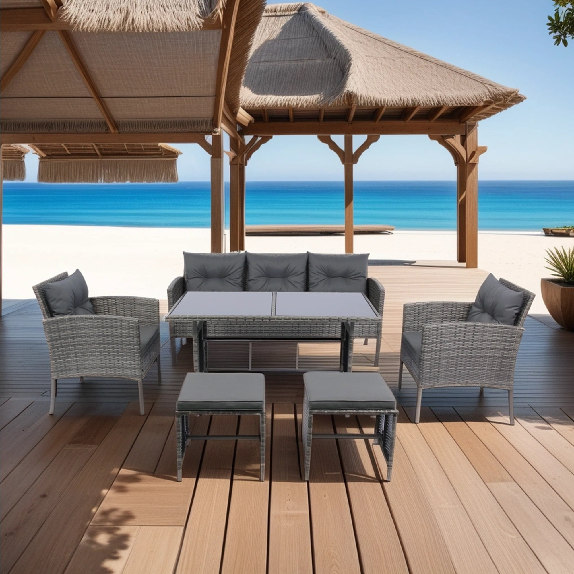 PORKISS 6 Piece Patio Furniture Set, Wicker Sectional Sofa Set with Dining Table, Modern Conversation Set with Dark Grey Cushions for Garden, Yard, Poolside, Grey