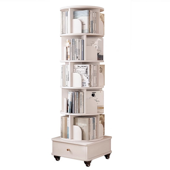 PORKISS 6 Tier Rotating Bookshelf, 360° Display Rotating Bookcase with Wheels and Drawer, Corner Storage Rack, Book Organizer Shelves for Home Office, Living Room, White
