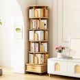 thumbnail image 1 of PORKISS 6 Tier Rotating Bookshelf, 360° Display Rotating Bookcase with Wheels and Drawer, Corner Storage Rack, Book Organizer Shelves for Home Office, Living Room, Wood, 1 of 10