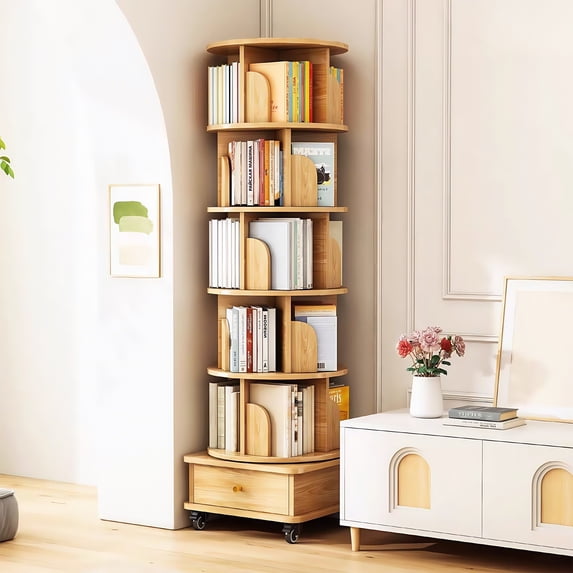 PORKISS 6 Tier Rotating Bookshelf, 360° Display Rotating Bookcase with Wheels and Drawer, Corner Storage Rack, Book Organizer Shelves for Home Office, Living Room, Wood