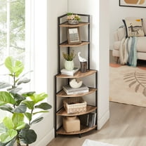 PORKISS 6 Tiers Corner Bookshelf, Wood Open Display Shelf with Metal Frame, Freestanding Small Corner Bookcase for Living Room, Home Office, Brown