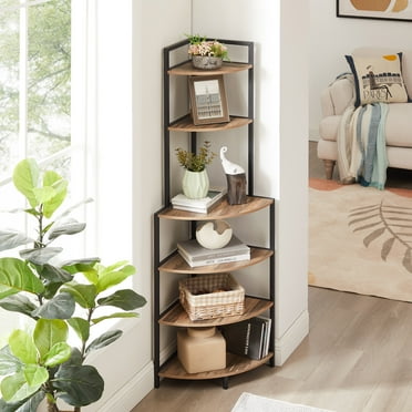 PORKISS 6 Tiers Corner Bookshelf, Wood Open Display Shelf with Metal Frame, Freestanding Small Corner Bookcase for Living Room, Home Office, Brown