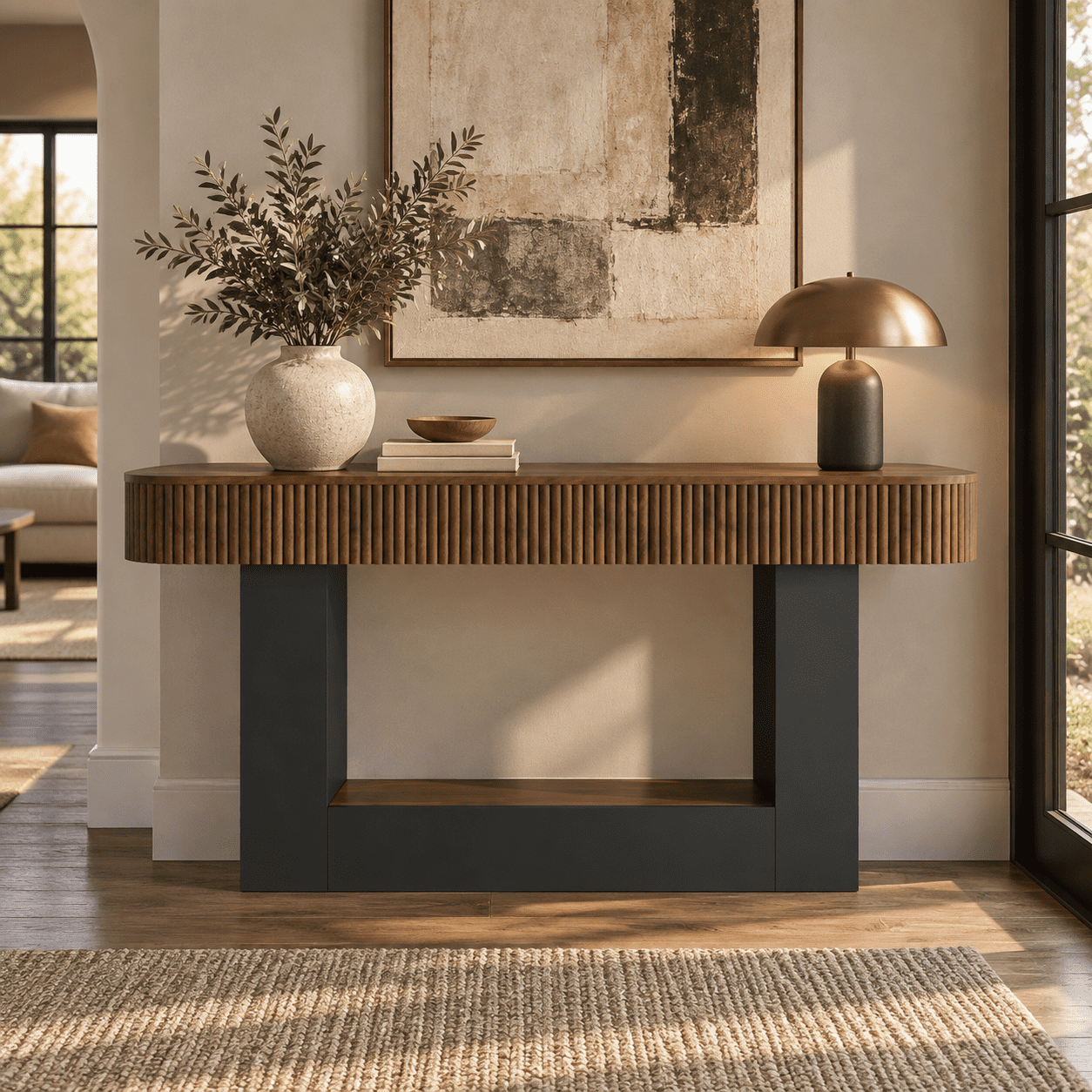 PORKISS 62.9" Console Table with Open Storage, Narrow Long Entryway Table with Rounded Edges, Fluted Sofa Table for Living Room, Hallway, Foyer, Behind Couch, Black + Brown