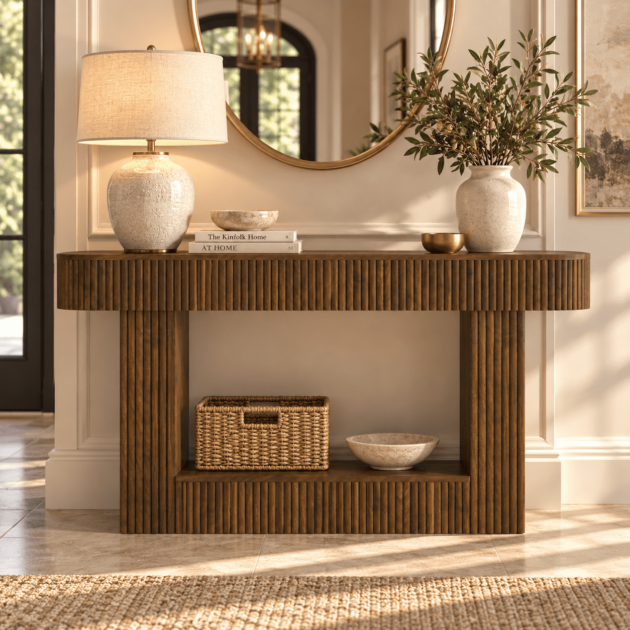 PORKISS 62.9" Console Table with Open Storage, Narrow Long Entryway Table with Rounded Edges, Fluted Sofa Table for Living Room, Hallway, Foyer, Behind Couch, Brown B