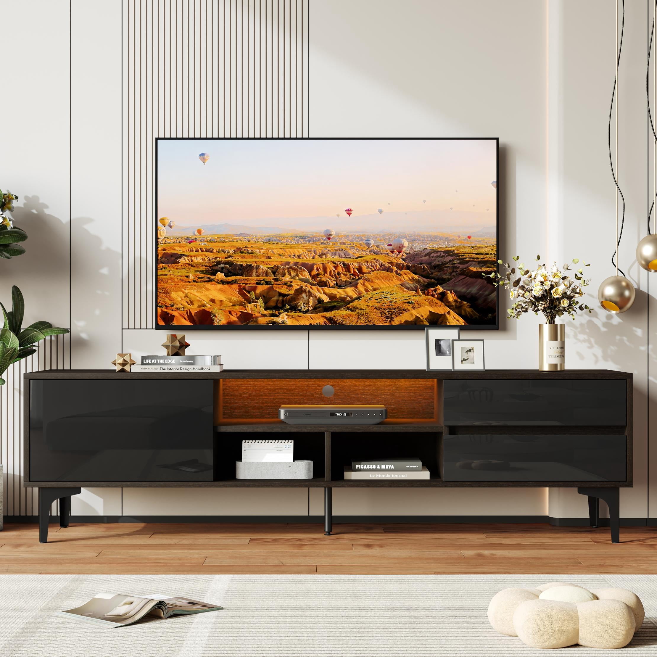 PORKISS 63" High Gloss LED TV Stand for TVs up to 70", Modern Low Profile TV Entertainment Center with RGB Lights, Remote/App Control, Storage Drawers and Open Shelves, Black