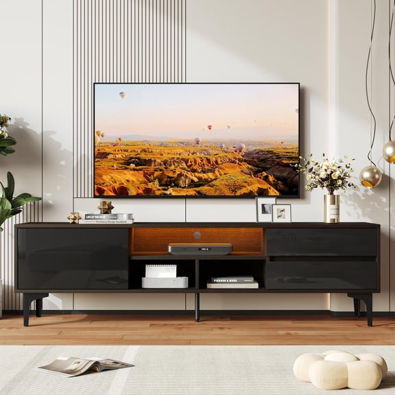 PORKISS 63" High Gloss LED TV Stand for TVs up to 70", Modern Low Profile TV Entertainment Center with RGB Lights, Remote/App Control, Storage Drawers and Open Shelves, Black