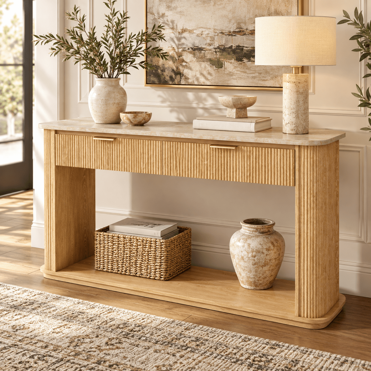 PORKISS 63 Inch Entryway Table , Fluted Console Table with 2 Drawers & Open Shelf, Faux Travertine Sofa Table with Steel Reinforcement & Anti-Tip Kit for Hallway/Entryway/living room, Natural