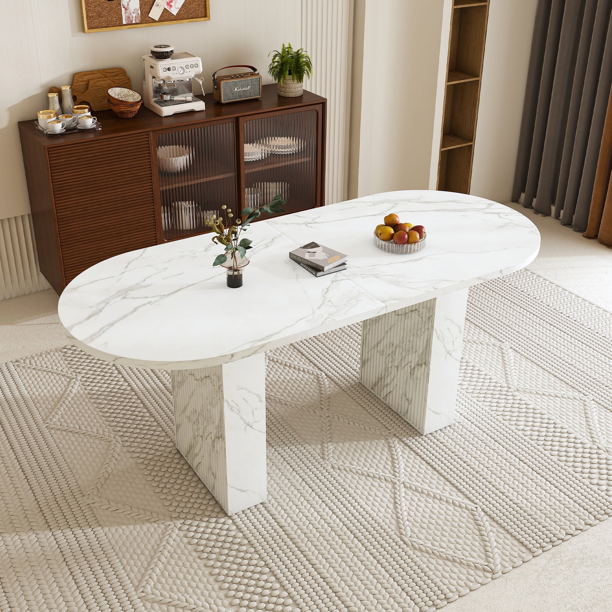 PORKISS 63" Oval Dining Table for 6, Faux Marble Kitchen Table with Stitched Desktop, Modern Dining Room Table with Sturdy Double Pedestal Base, White