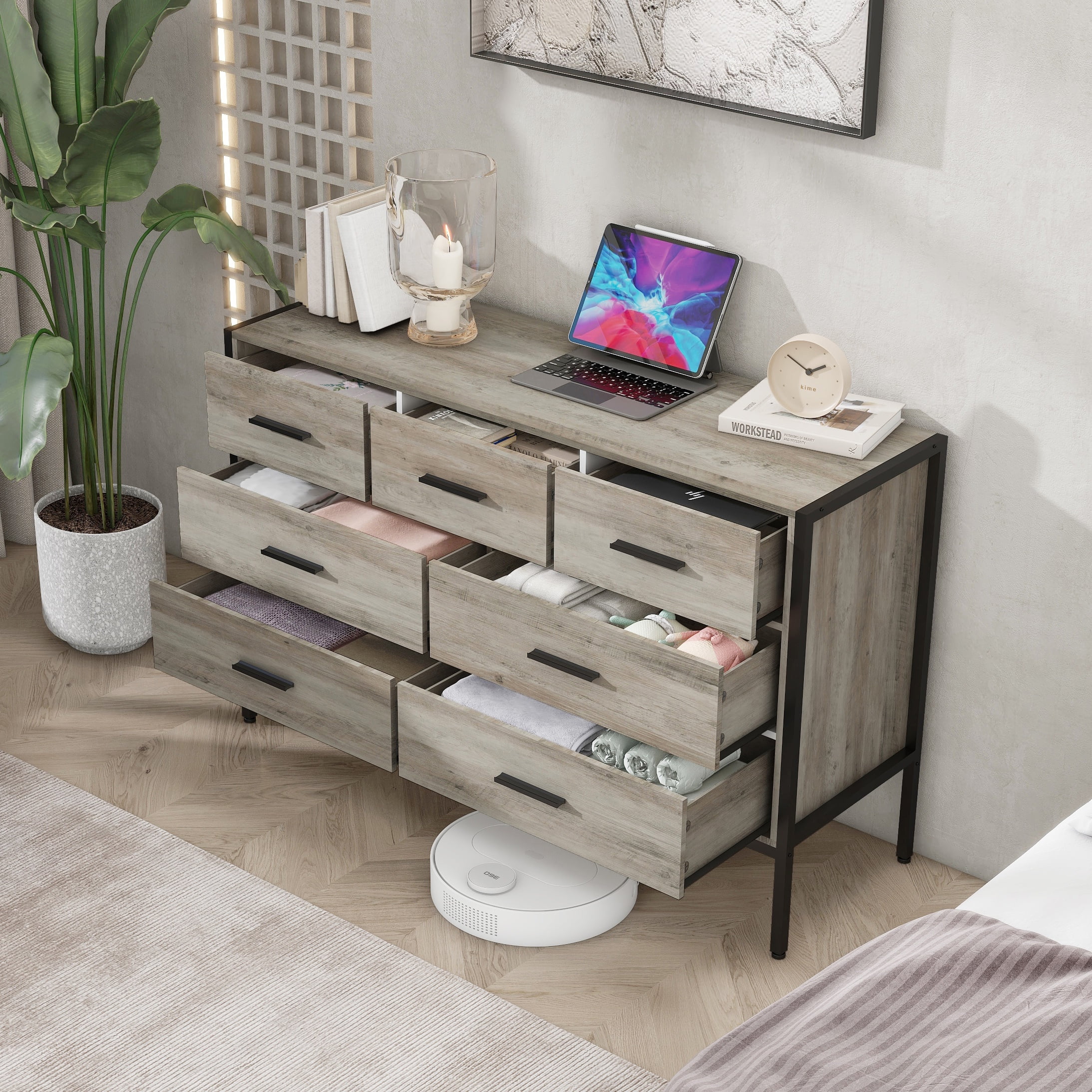 PORKISS 7 Drawer Dresser, Wood Chest of Drawers, Industrial Style Horizontal Dresser for Bedroom, Solid Clothes Storage Cabinet with Sturdy Steel Frame, Wooden Dresser Organizer, Gray