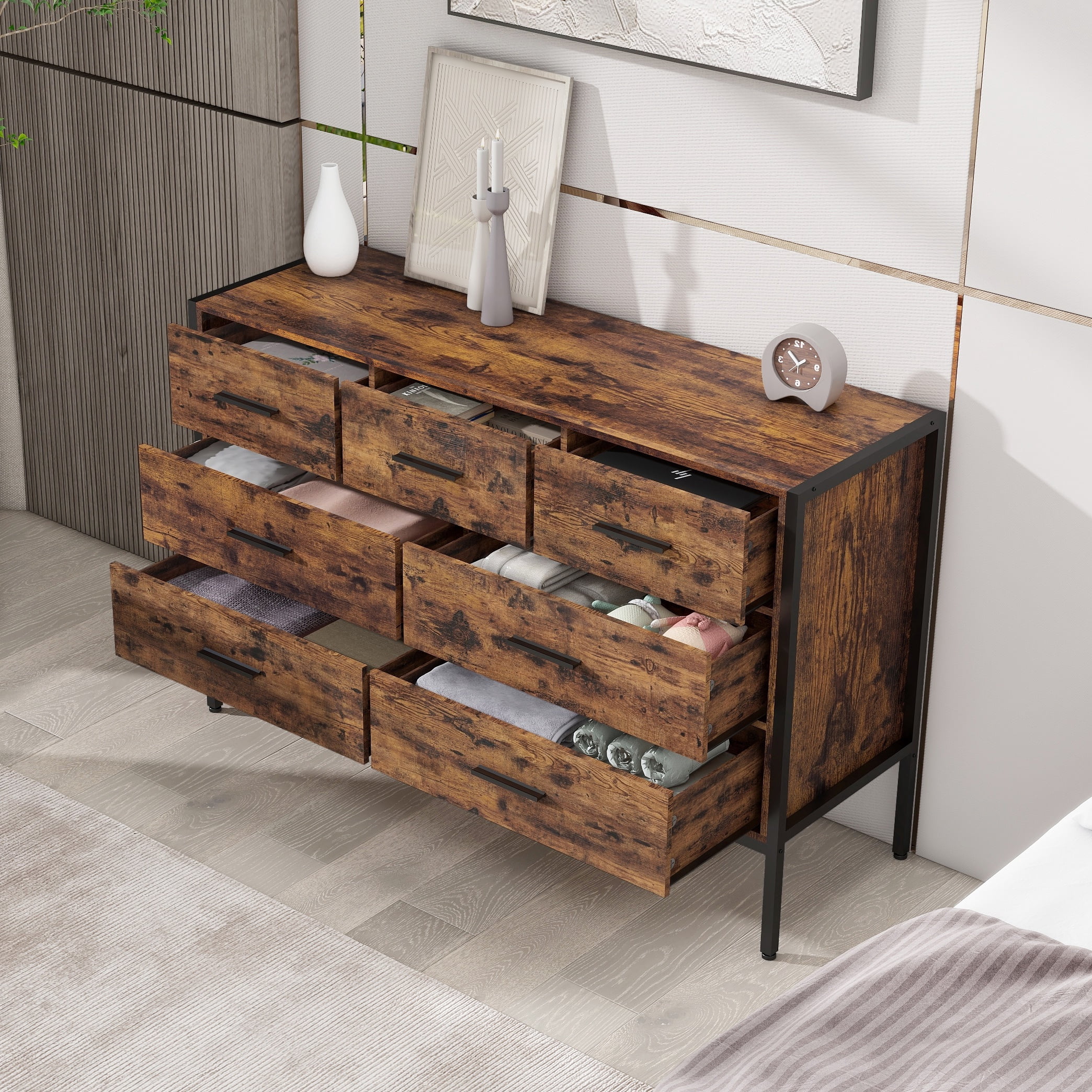 PORKISS 7 Drawer Dresser, Wood Chest of Drawers, Industrial Style Horizontal Dresser for Bedroom, Solid Clothes Storage Cabinet with Sturdy Steel Frame, Wooden Dresser Organizer, Brown