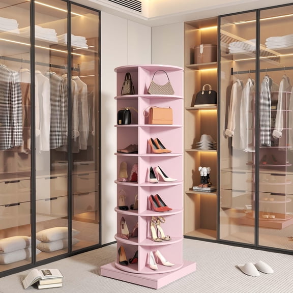 PORKISS 7-Layer Rotating Shoe Cabinet, Modern Tall Shoe Rack with Open Storage Space Hold 28 Paris shoes, Freestanding 360 Rotating Shoe Rack Tower, Round ShoeRack for Home, Pink