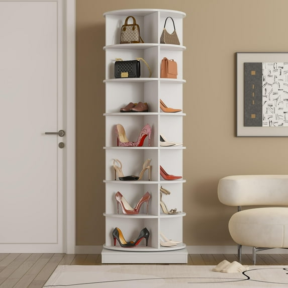 PORKISS 7-Layer Rotating Shoe Cabinet, Modern Tall Shoe Rack with Open Storage Space Hold 28 Paris shoes, Freestanding 360 Rotating Shoe Rack Tower, Round Shoe Rack for Home, White