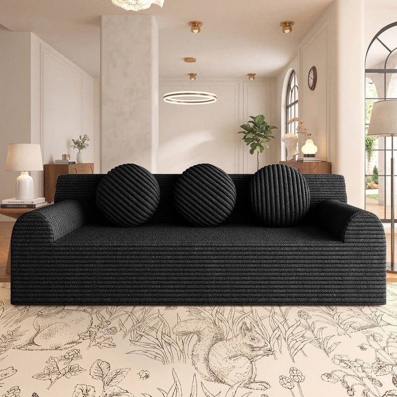 PORKISS 71 Inch Black Corduroy Couch, Boneless Cloud Couch, No Assembly Floor Sofa with 3 Round Pillows, Comfy 3 Seater Sofa Couch for Living Room, Apartment, Bedroom, Small Space