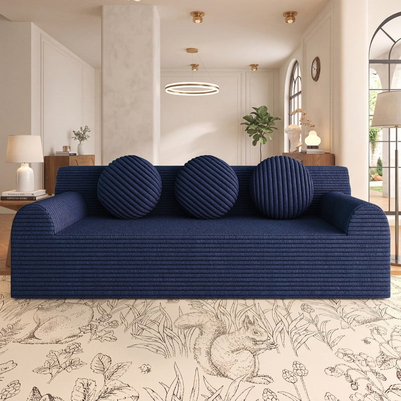 PORKISS 71 Inch Blue Corduroy Couch, Boneless Cloud Couch, No Assembly Floor Sofa with 3 Round Pillows, Comfy 3 Seater Sofa Couch for Living Room, Apartment, Bedroom, Small Space