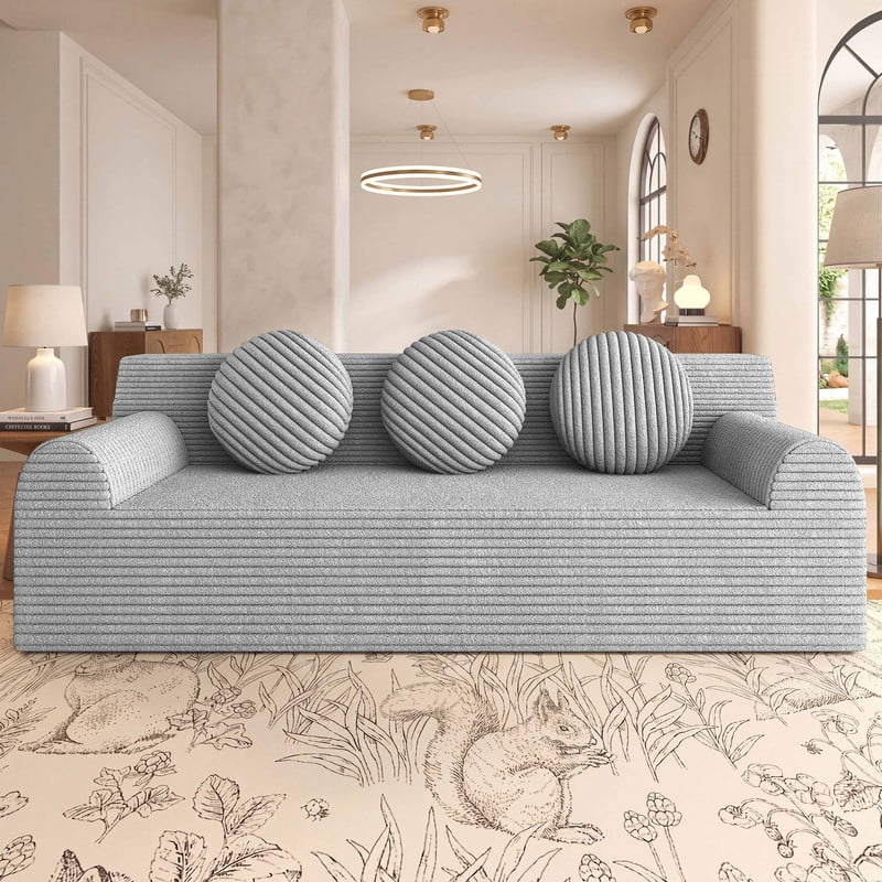 PORKISS 71 Inch Corduroy Couch, Boneless Cloud Couch, No Assembly Floor Sofa with 3 Round Pillows, Comfy 3 Seater Sofa Couch for Living Room, Apartment, Bedroom, Small Space, Light Gray