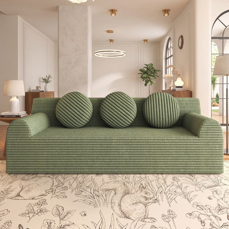 PORKISS 71 Inch Green Corduroy Couch, Boneless Cloud Couch, No Assembly Floor Sofa with 3 Round Pillows, Comfy 3 Seater Sofa Couch for Living Room, Apartment, Bedroom, Small Space