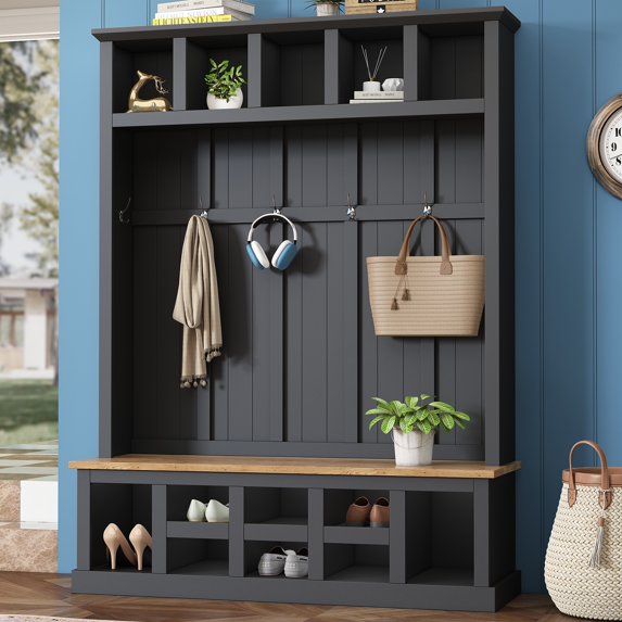 PORKISS 78" Hall Tree, Wood Entryway Hall Tree with Storage Seating Bench, Modern Tree Entryway Bench with Shoe Cabinets and Shelves, Farmhouse Coat Rack with 6 Hooks for Mudroom, Living room, Black