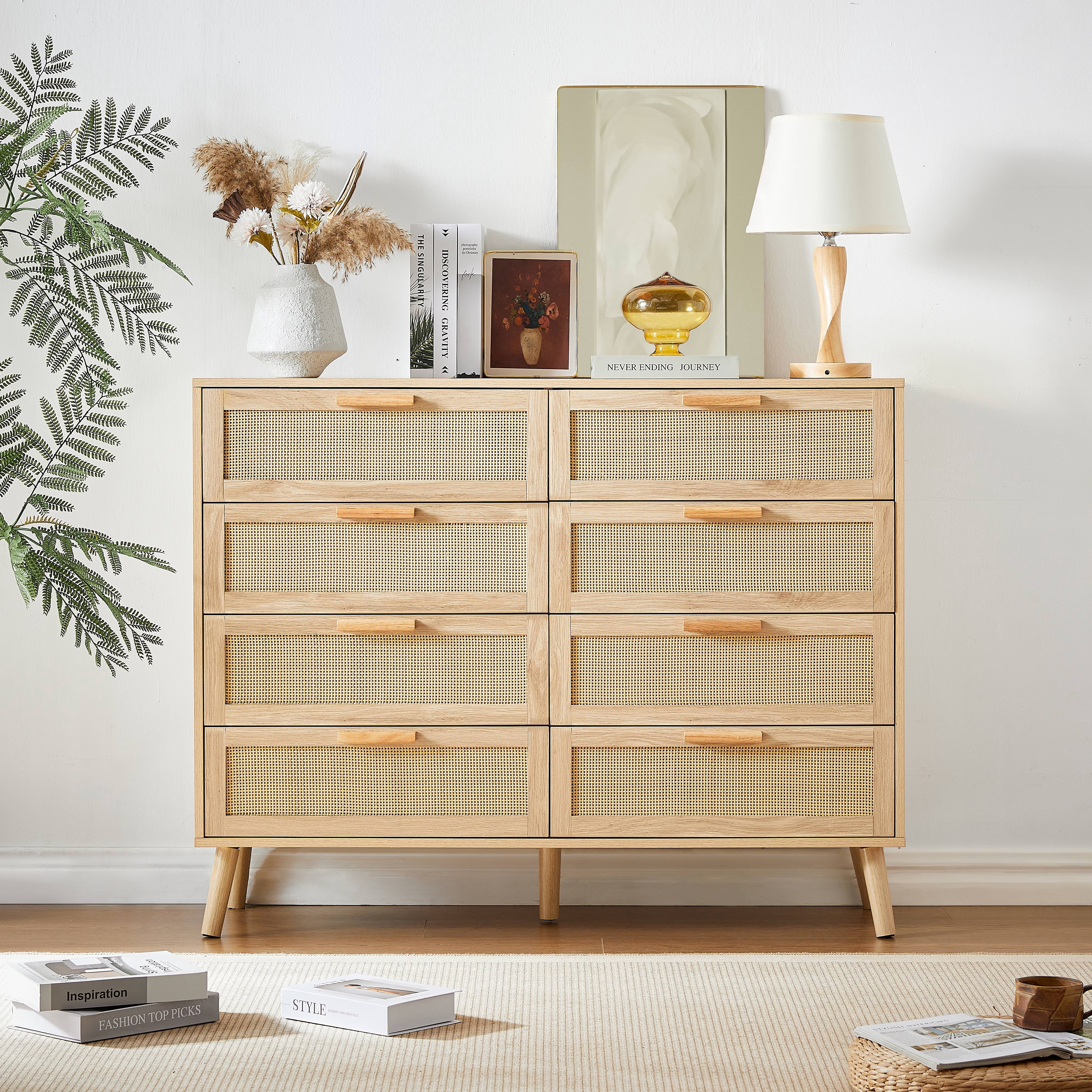 Living Roon Drawer PORKISS 8 Drawer Dresser, Wood Dresser Organizer with 6 Rattan Drawers ...