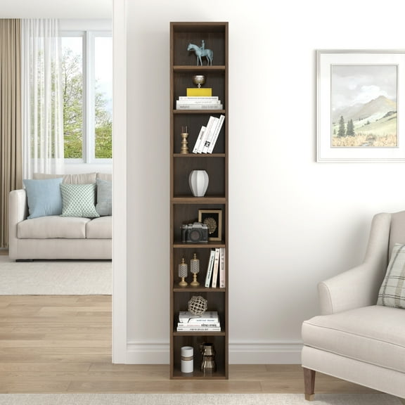 PORKISS 8-Tier Bookshelf, Wood Open Display Bookshelf with Adjustable Shelves, Tall Narrow Bookcase with Slim Storage, Modern Book Display Shelf Media Tower Rack for Living Room, Home Office, Walnut