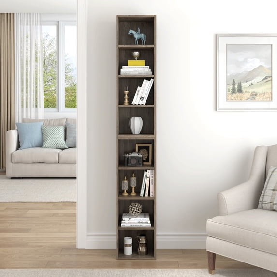 PORKISS 8-Tier Bookshelf, Wood Open Display Bookshelf with Adjustable Shelves, Tall Narrow Bookcase with Slim Storage, Modern Book Display Shelf Media Tower Rack for Living Room, Home Office, Gray