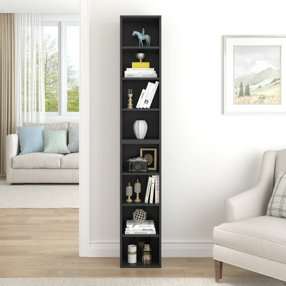 PORKISS 8-Tier Bookshelf, Wood Open Display Bookshelf with Adjustable Shelves, Tall Narrow Bookcase with Slim Storage, Modern Book Display Shelf Media Tower Rack for Living Room, Home Office, Black
