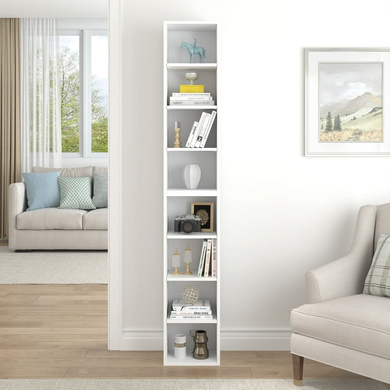 PORKISS 8 Tier White Bookshelf Wood Open Display Bookshelf with Adjustable Shelves Tall Narrow Bookcase with Slim Storage Modern Media Tower Rack