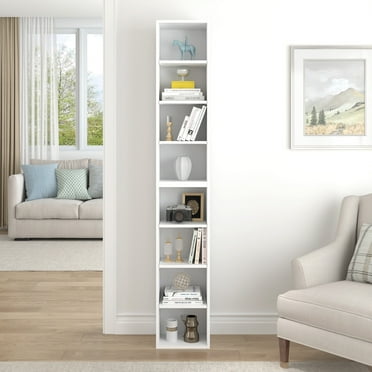 PORKISS 8-Tier White Bookshelf, Wood Open Display Bookshelf with Adjustable Shelves, Tall Narrow Bookcase with Slim Storage, Modern Media Tower Rack for Living Room, Home Office