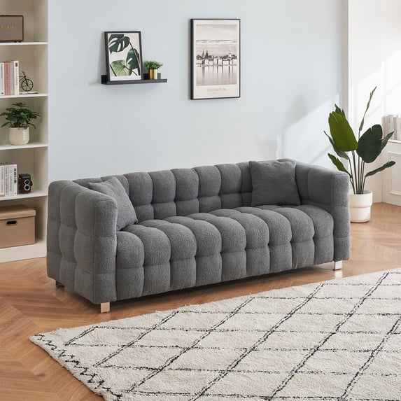 PORKISS 80" Sofa Couch for Living Room, Comfy Teddy Fleece Extra Deep Seat Couches with 2 Comfortable Pillows, Gray