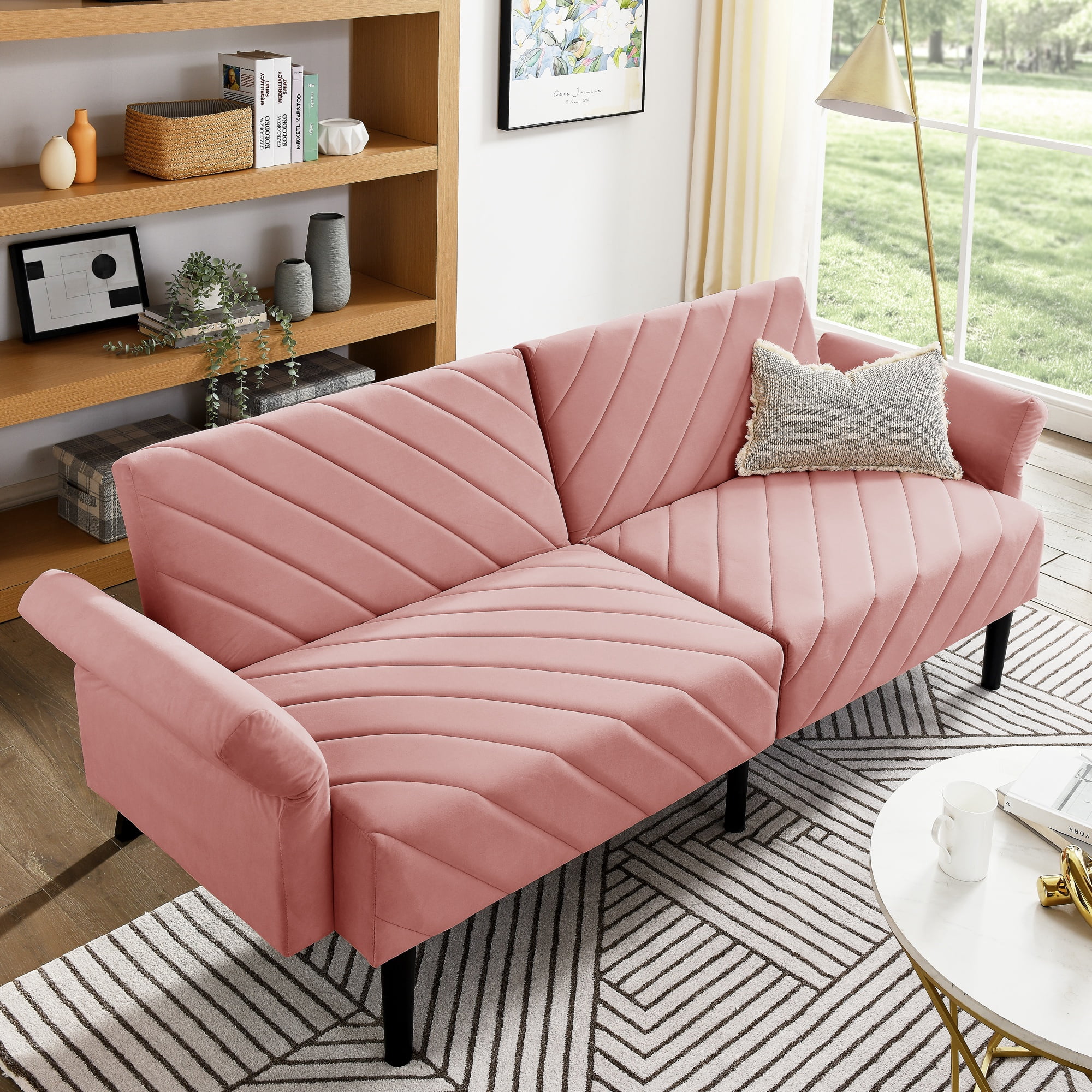 PORKISS 87" Sofa Couch for Living Room, Comfy Velvet Extra Deep Seat Couches with Adjustable Armrests and Backrest, Futon Couch Convertible Folding Sofa Bed, Pink