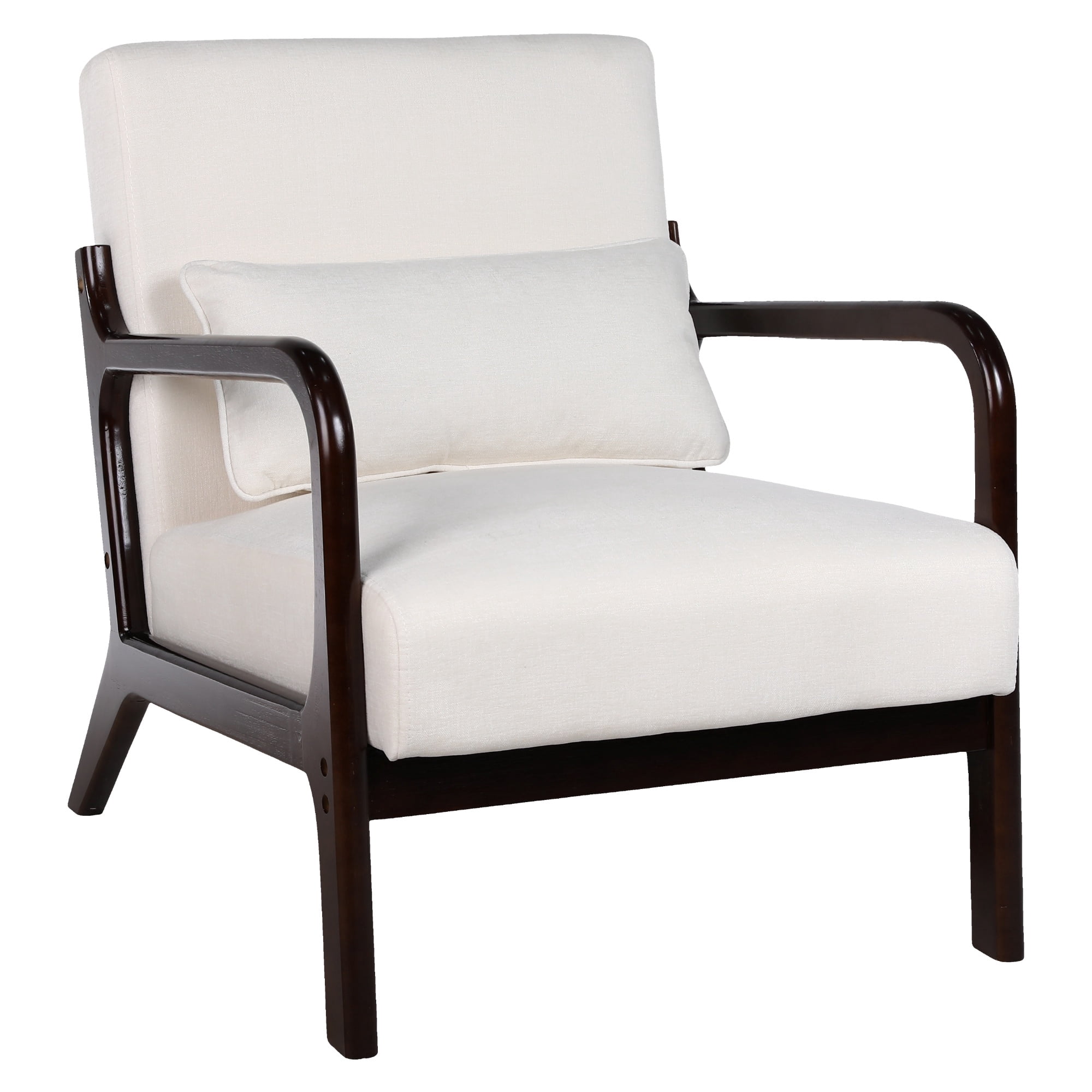 PORKISS Accent Chair Mid Century Modern Arm Chair with Wood Frame and Pillow, Corduroy Reading Armchair for Bedroom Living Room Office, Beige + Brown