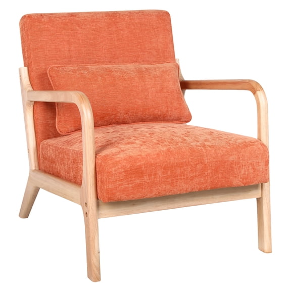 PORKISS Accent Chair Mid Century Modern Arm Chair with Wood Frame and Pillow, Corduroy Reading Armchair for Bedroom Living Room Office, Orange