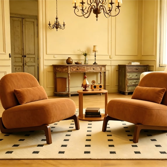 PAPROOS Accent Chairs, Upholstered Armless Reading Chairs with Lumbar Pillows and Solid Wood Legs, Comfy Living Room Bedroom Lounge Chairs for Apartment, Caramel-Velvet-1PC