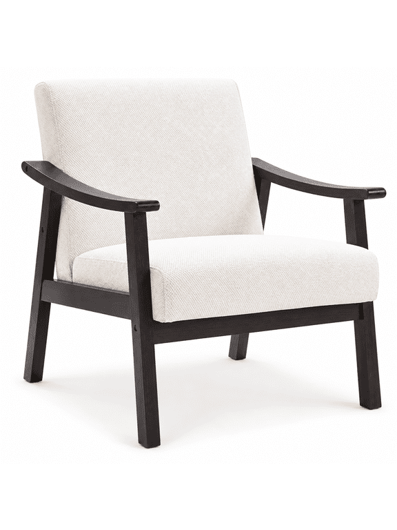 Accent Chair for Living Room, Mid-Century Modern Upholstered Reading Armchair with Solid Wood Arms, Comfy Bedroom Lounge Chair, White