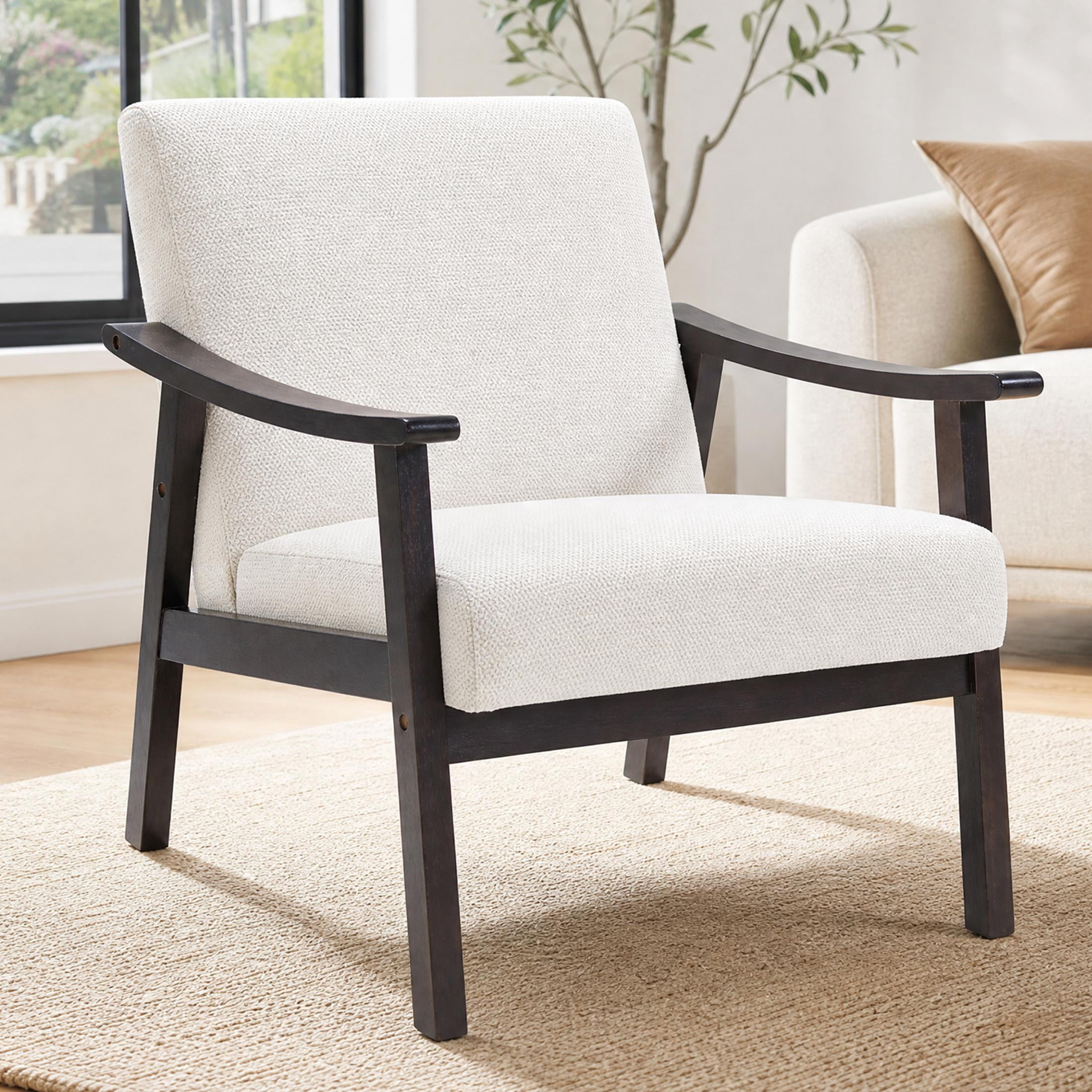 PAPROOS Accent Chair for Living Room, Mid-Century Modern Upholstered Reading Armchair with Solid Wood Arms, Comfy Bedroom Lounge Chair, White