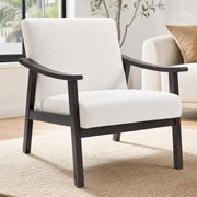 PAPROOS Accent Chair for Living Room, Mid-Century Modern Upholstered Reading Armchair with Solid Wood Arms, Comfy Bedroom Lounge Chair, White