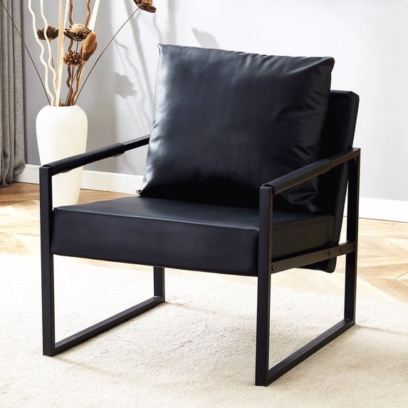 PAPROOS Mid-Century Modern Accent Chair, PU Leather Arm Chair with Metal Frame, Upholstered Armchair Comfort Reading Chair Lounge Chair for Living Room Bedroom Sunroom, Black