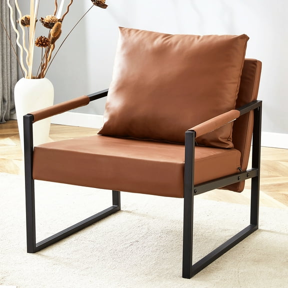 PAPROOS Accent Chair, Modern Arm Chair PU Leather Upholstered Reading Chair Lounge Chair with Arm and Metal Frame for Living Room Bedroom Sunroom, Brown