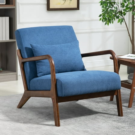 PORKISS Mid-Century Accent Chair, Velvet Upholstered Arm Chair with Wood Frame and Waist Cushion, Modern Armchair, Reading Chair for Living Room, Bedroom, Sunroom,Blue