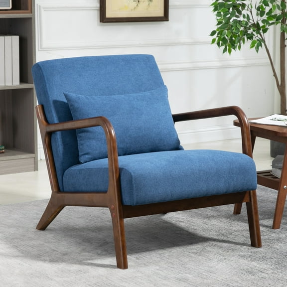 PORKISS Mid-Century Accent Chair, Velvet Upholstered Arm Chair with Wood Frame and Waist Cushion, Modern Armchair, Reading Chair for Living Room, Bedroom, Sunroom,Blue