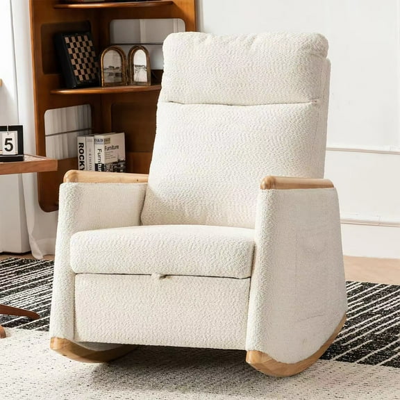 PORKISS Accent Rocking Chair with Pull-Out Footrest, Particle Fleece Accent Rocker Chair with Solid Wood Legs Side Pocket, Glider Rocker for Living Room Bedroom Playroom Nursery, Beige