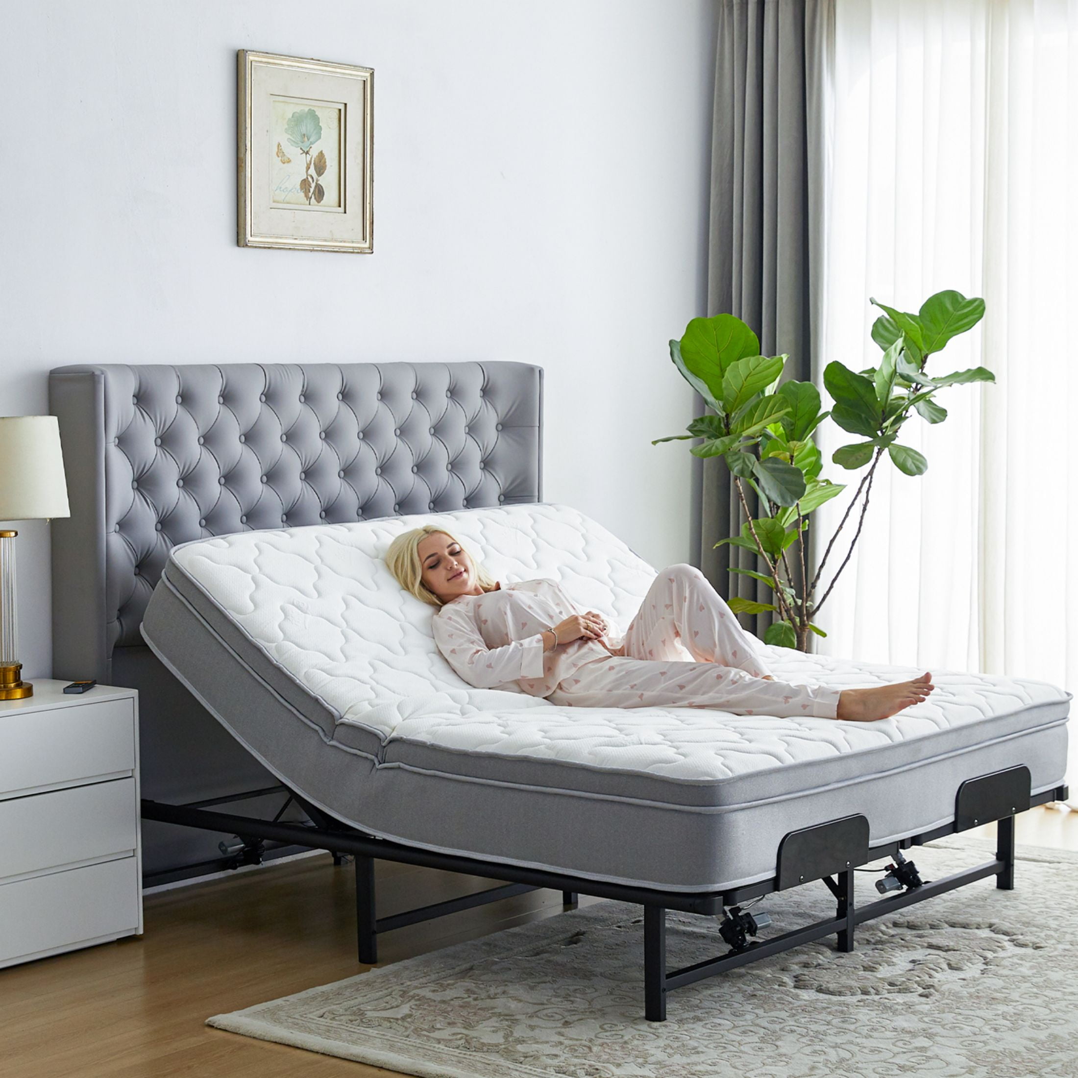 PORKISS Power Adjustable Bed Base Queen Metal Electric Bed Frame with Independent Head and Foot Incline Modern Adjustable Platform Bed with Wired