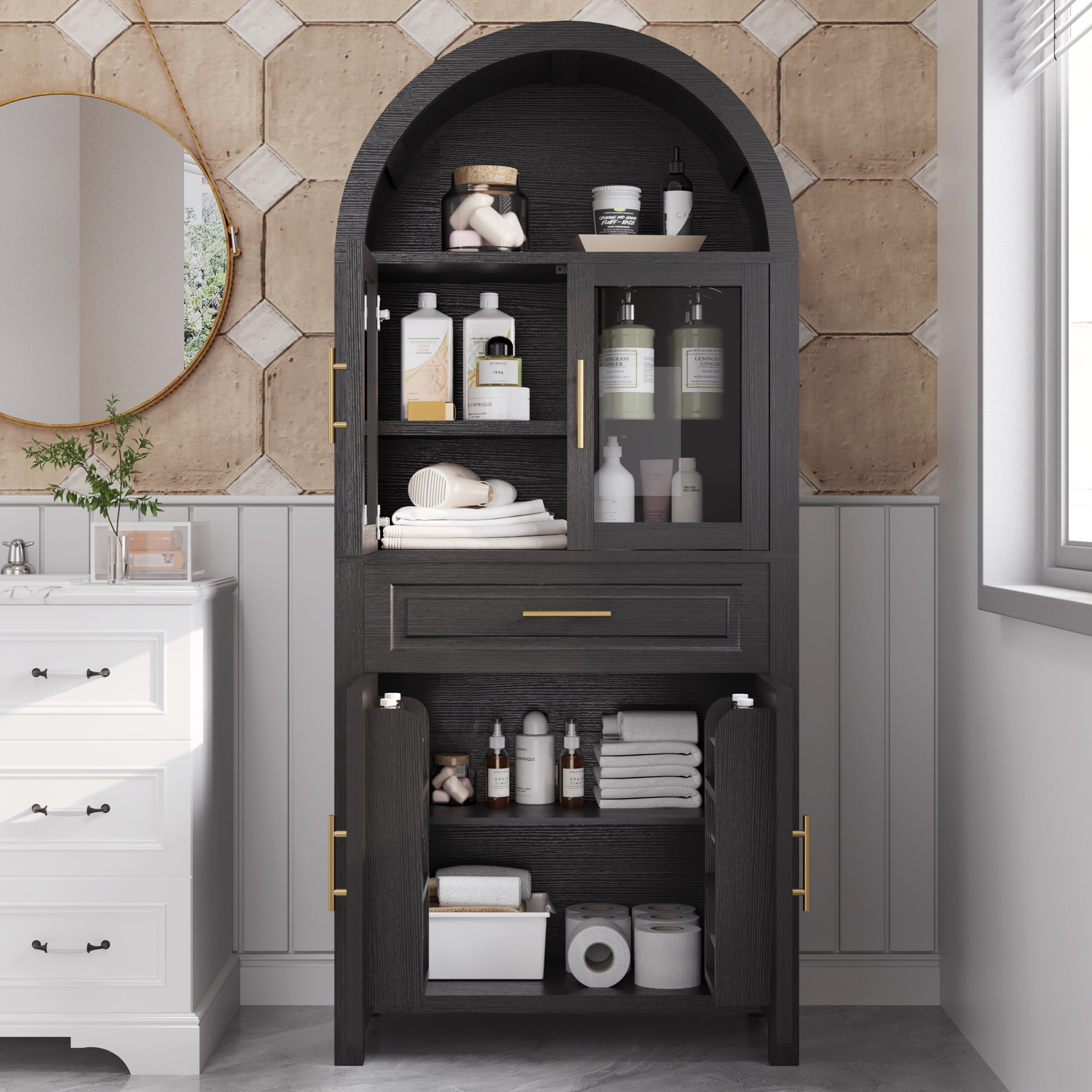 PORKISS Arched Kitchen Pantry Storage Cabinet, 71" Tall Wood Pantry Shelves with 4 Doors, 1 Large Drawer, Adjustable Shelves for Dining Room Living Room, Black
