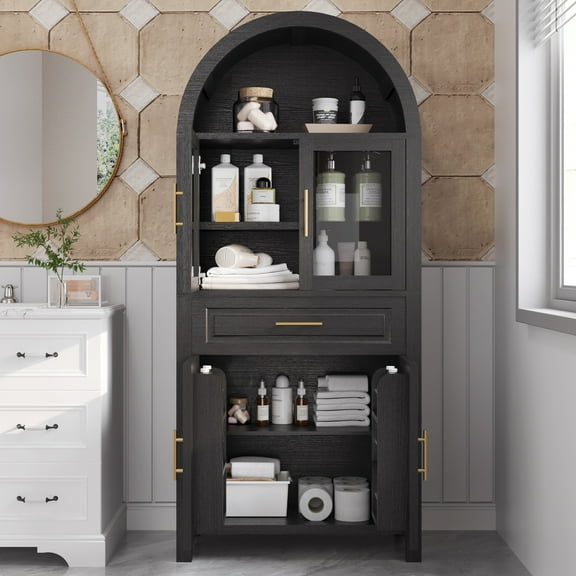 PORKISS Arched Kitchen Pantry Storage Cabinet, 71" Tall Wood Pantry Shelves with 4 Doors, 1 Large Drawer, Adjustable Shelves for Dining Room Living Room, Black